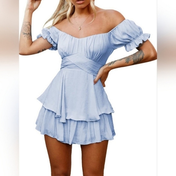 Womens Off Shoulder Ruffle Hem Romper - Picture 3 of 9